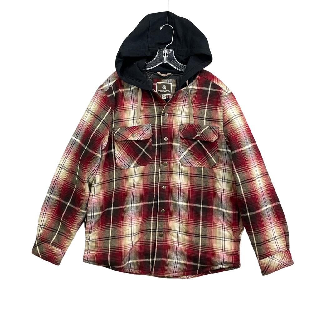 Legendary Outfitters Flannel Shirt Jacket Mens Large Plaid Hooded Quilted Lined